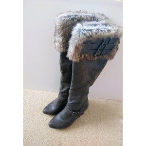 JustFab Maliah Knee-High Boots Fur Cuffs Gray Size 7.5